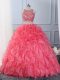Free and Easy Sleeveless Organza Floor Length Lace Up Quinceanera Gowns in Hot Pink with Beading and Ruffles