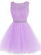 Lavender A-line Tulle Scoop Sleeveless Beading and Lace and Appliques Mini Length Zipper Prom Evening Gown