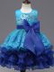 Fantastic Sleeveless Organza Tea Length Zipper Pageant Gowns For Girls in Royal Blue with Lace and Ruffled Layers and Bowknot