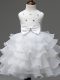 Amazing White Organza Zipper Scoop Sleeveless Knee Length Kids Pageant Dress Lace and Ruffled Layers and Bowknot