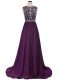 Short Sleeves Beading Side Zipper Prom Gown with Purple Brush Train