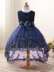 Latest Navy Blue Sleeveless Lace and Appliques and Bowknot and Hand Made Flower High Low Little Girls Pageant Gowns