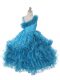 Exquisite Asymmetric Sleeveless Teens Party Dress Floor Length Lace and Ruffles and Ruffled Layers Teal Organza