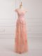 Tulle Cap Sleeves Floor Length Mother of Groom Dress and Lace and Appliques and Belt
