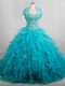 Aqua Blue Organza Lace Up Quinceanera Dresses Sleeveless Brush Train Beading and Ruffles