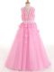 Excellent Rose Pink Tulle Zipper Little Girl Pageant Gowns Sleeveless Floor Length Appliques and Bowknot