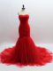 Custom Designed Red Tulle Lace Up Sweetheart Sleeveless Evening Dresses Brush Train Ruching