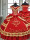 Fancy Red Zipper Off The Shoulder Beading and Embroidery and Ruffled Layers Vestidos de Quinceanera Satin and Taffeta Cap Sleeves