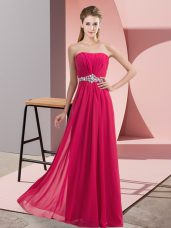 Shining Floor Length Hot Pink Evening Dress Tulle Sleeveless Lace