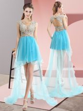 Deluxe Tulle Sleeveless High Low Prom Gown Sweep Train and Beading