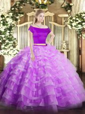 Lilac Two Pieces Tulle Off The Shoulder Short Sleeves Appliques and Ruffled Layers Floor Length Zipper Sweet 16 Dresses