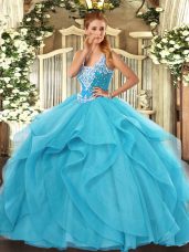 Modest Straps Sleeveless Lace Up 15 Quinceanera Dress Aqua Blue Tulle