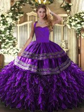 Fantastic Purple Ball Gowns Organza Halter Top Sleeveless Embroidery and Ruffles Floor Length Lace Up 15th Birthday Dress