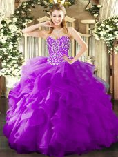 Admirable Sleeveless Floor Length Beading and Ruffles Lace Up 15th Birthday Dress with Purple