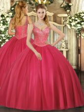 Sleeveless Floor Length Beading Lace Up Ball Gown Prom Dress with Red