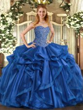 Best Blue Lace Up Sweetheart Beading and Ruffles Quince Ball Gowns Organza Sleeveless
