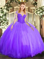 Floor Length Lavender Sweet 16 Quinceanera Dress Tulle Long Sleeves Lace