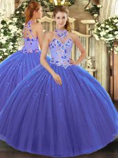 Dazzling Halter Top Sleeveless Lace Up Quince Ball Gowns Blue Tulle