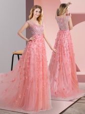 Attractive Pink Sleeveless Sweep Train Beading and Appliques Evening Dress