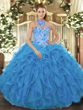 Clearance Halter Top Sleeveless Lace Up Quince Ball Gowns Baby Blue Organza