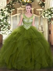 Olive Green Tulle Lace Up Quinceanera Gown Sleeveless Floor Length Beading and Ruffles