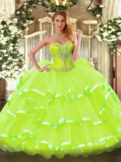 Admirable Yellow Green Organza Lace Up Sweetheart Sleeveless Floor Length 15 Quinceanera Dress Beading and Ruffled Layers