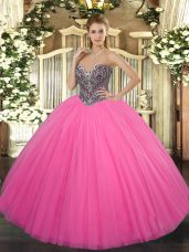 Wonderful Floor Length Hot Pink Sweet 16 Quinceanera Dress Tulle Sleeveless Beading