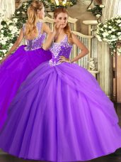 Ball Gowns Quinceanera Gown Lavender Straps Tulle Sleeveless Floor Length Lace Up