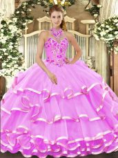 Classical Sleeveless Organza Floor Length Lace Up 15th Birthday Dress in Lilac with Beading and Embroidery