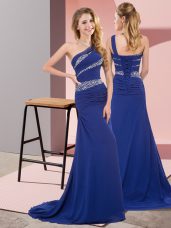 Chic Blue Sleeveless Sweep Train Beading Floor Length Dress for Prom