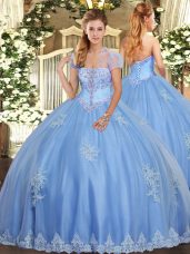 Eye-catching Floor Length Lace Up 15th Birthday Dress Light Blue for Military Ball and Sweet 16 and Quinceanera with Beading and Appliques