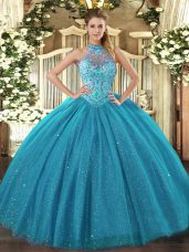 Halter Top Sleeveless Tulle Quinceanera Gowns Beading and Embroidery Lace Up