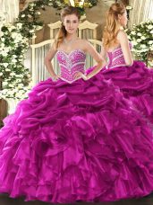 Fashion Fuchsia Ball Gowns Beading and Ruffles and Pick Ups Vestidos de Quinceanera Lace Up Organza Sleeveless Floor Length