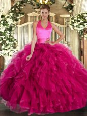 Most Popular Fuchsia Sleeveless Floor Length Ruffles Lace Up Ball Gown Prom Dress