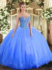 Hot Selling Blue Organza and Tulle Lace Up Quince Ball Gowns Sleeveless Floor Length Embroidery