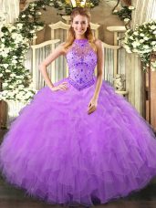 Halter Top Sleeveless Organza 15th Birthday Dress Beading and Ruffles Lace Up