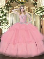 Baby Pink Sleeveless Beading and Ruffled Layers Floor Length 15 Quinceanera Dress