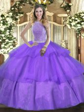 Glamorous Sleeveless Floor Length Beading and Ruffled Layers Lace Up Vestidos de Quinceanera with Lavender