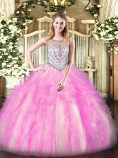Floor Length Zipper Ball Gown Prom Dress Lilac for Military Ball and Sweet 16 and Quinceanera with Beading and Ruffles