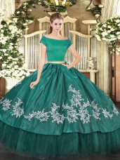 Hot Selling Floor Length Zipper Sweet 16 Dresses Teal for Military Ball and Sweet 16 and Quinceanera with Embroidery
