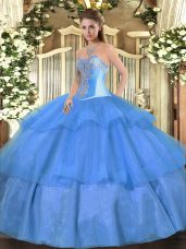 Baby Blue Lace Up Sweetheart Beading and Ruffled Layers Ball Gown Prom Dress Tulle Sleeveless