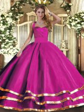 Colorful Fuchsia Ball Gowns Halter Top Sleeveless Tulle Floor Length Lace Up Ruffled Layers Quinceanera Dress