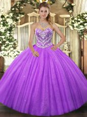 Free and Easy Lavender Tulle Lace Up Sweetheart Sleeveless Floor Length Sweet 16 Dresses Beading