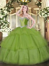 Customized Sweetheart Sleeveless 15 Quinceanera Dress Floor Length Beading and Ruffled Layers Olive Green Tulle