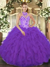 Comfortable Halter Top Sleeveless Organza Sweet 16 Dresses Beading and Embroidery and Ruffles Lace Up