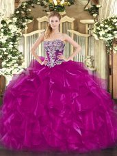 Sleeveless Organza Floor Length Lace Up 15th Birthday Dress in Fuchsia with Beading and Ruffles