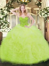 Fabulous Yellow Green Ball Gowns Sweetheart Sleeveless Organza Floor Length Lace Up Ruffles Quince Ball Gowns