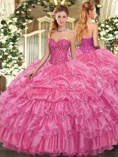 Stylish Floor Length Rose Pink Sweet 16 Dress Organza Sleeveless Beading and Ruffled Layers and Pick Ups