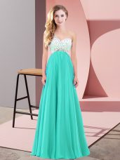 Turquoise Chiffon Criss Cross Prom Party Dress Sleeveless Floor Length Beading