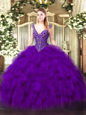V-neck Sleeveless 15th Birthday Dress Floor Length Beading and Ruffles Purple Organza